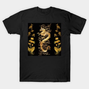 GOLD DRAGON IN BLACK,Egret,Lotus,Green Gold Floral T-Shirt